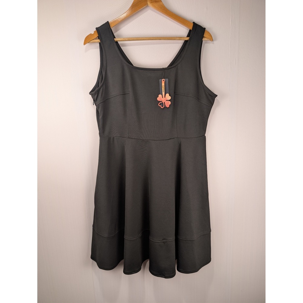 Fancyinn Womens Black Skater Dress Sleeveless V-Back Mini Fit and Flare Size L